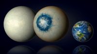 An artist's rendering comparing the "eyeball planet" to Earth. It is about twice as large and features a circular liquid ocean surrounded by ice.